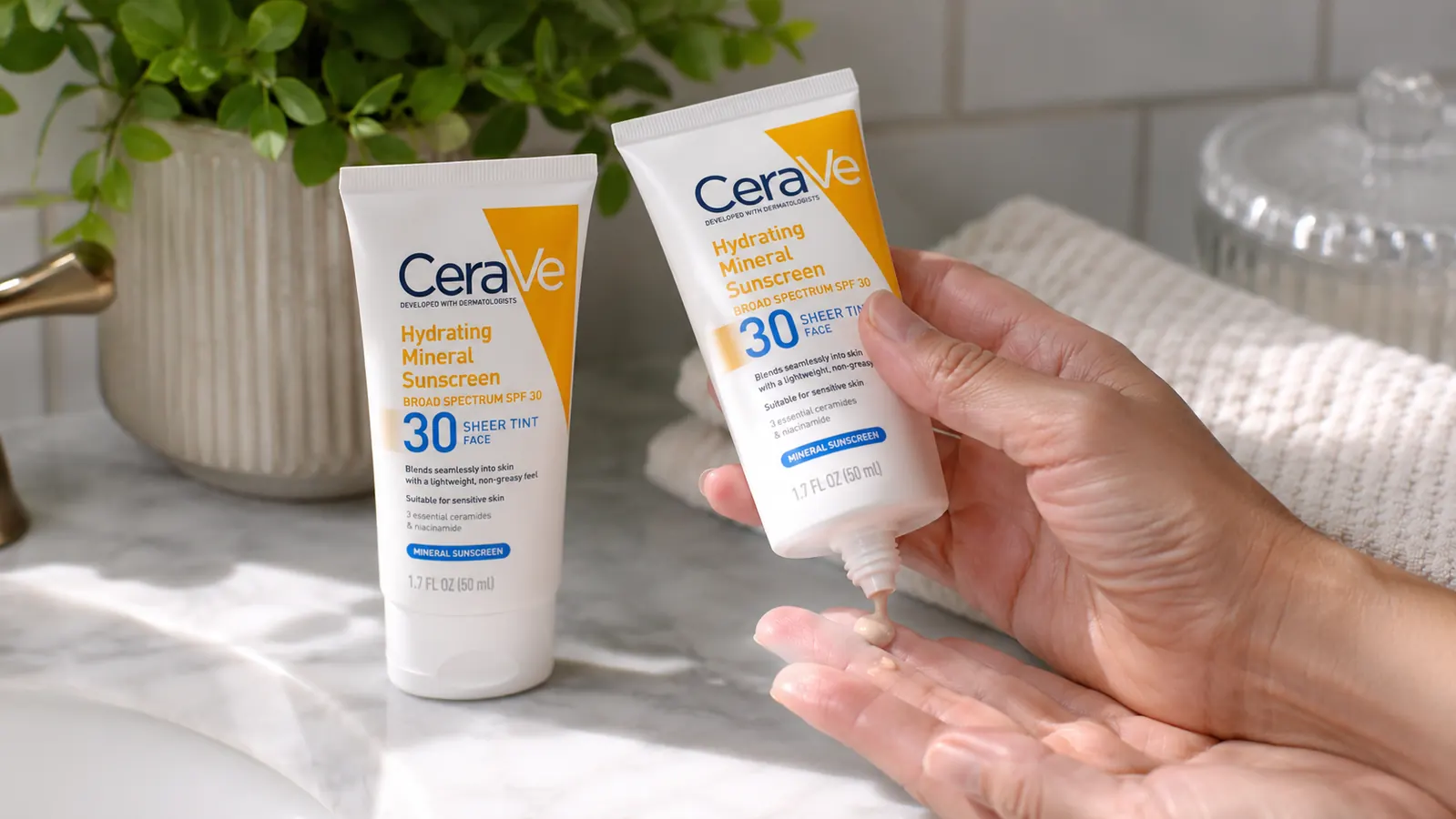 Hand squeezing a tube of tinted mineral sunscreen onto fingertips next to the bottle