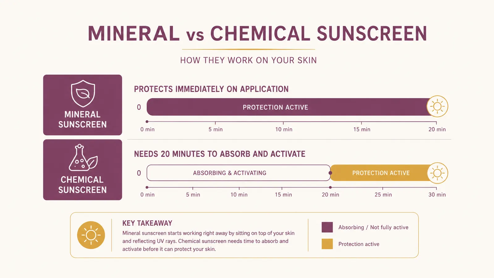 Simple chart comparing how quickly mineral sunscreen versus chemical sunscreen begins protecting skin