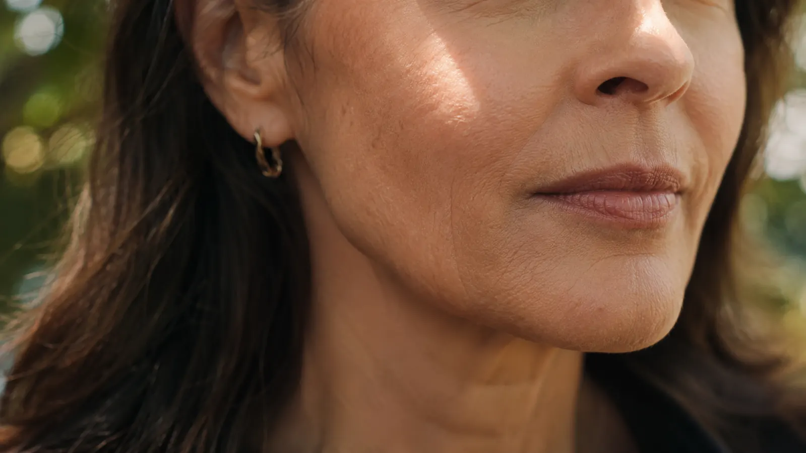 Close up of a woman's evenly toned, healthy looking cheek and jawline outdoors
