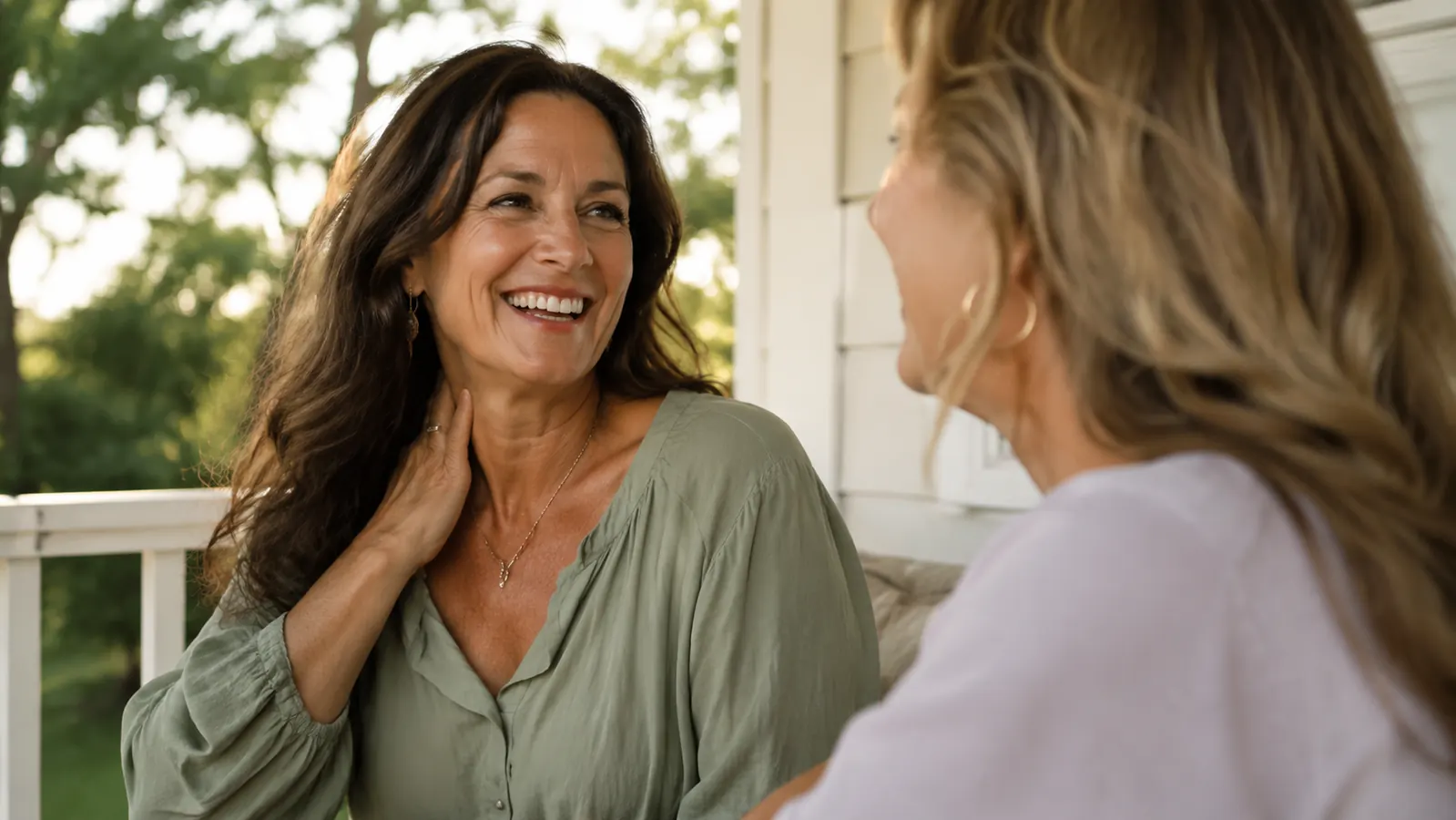 Woman in her fifties laughing outdoors on a porch with a friend, confident and relaxed