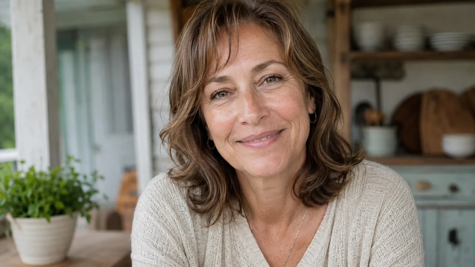Woman in her 50s smiling with bright, refreshed under-eye area, natural daylight, no makeup