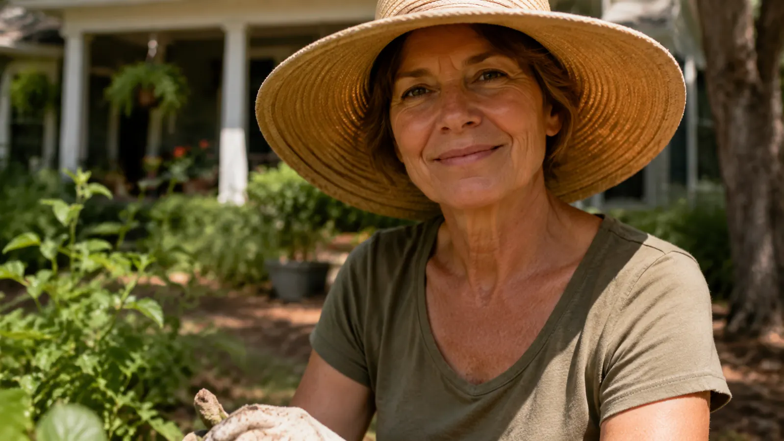 Woman in her 50s outdoors gardening in a wide brimmed hat with visible sun protected skin