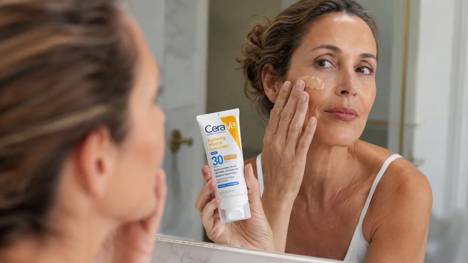 Hand applying tinted mineral sunscreen to cheek in front of a mirror