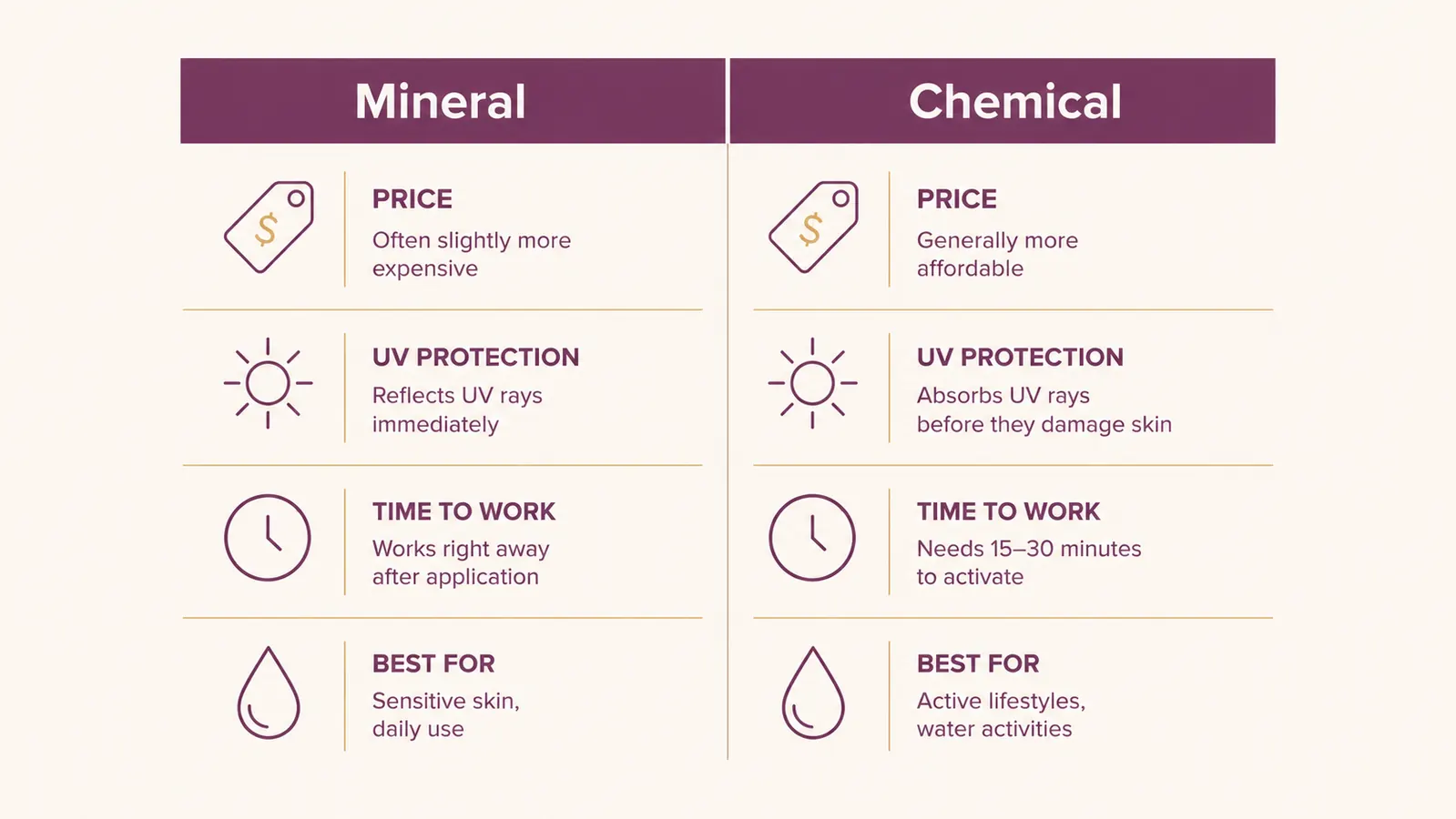 Chart comparing mineral sunscreen and chemical sunscreen across price, tint, finish and reapplication time