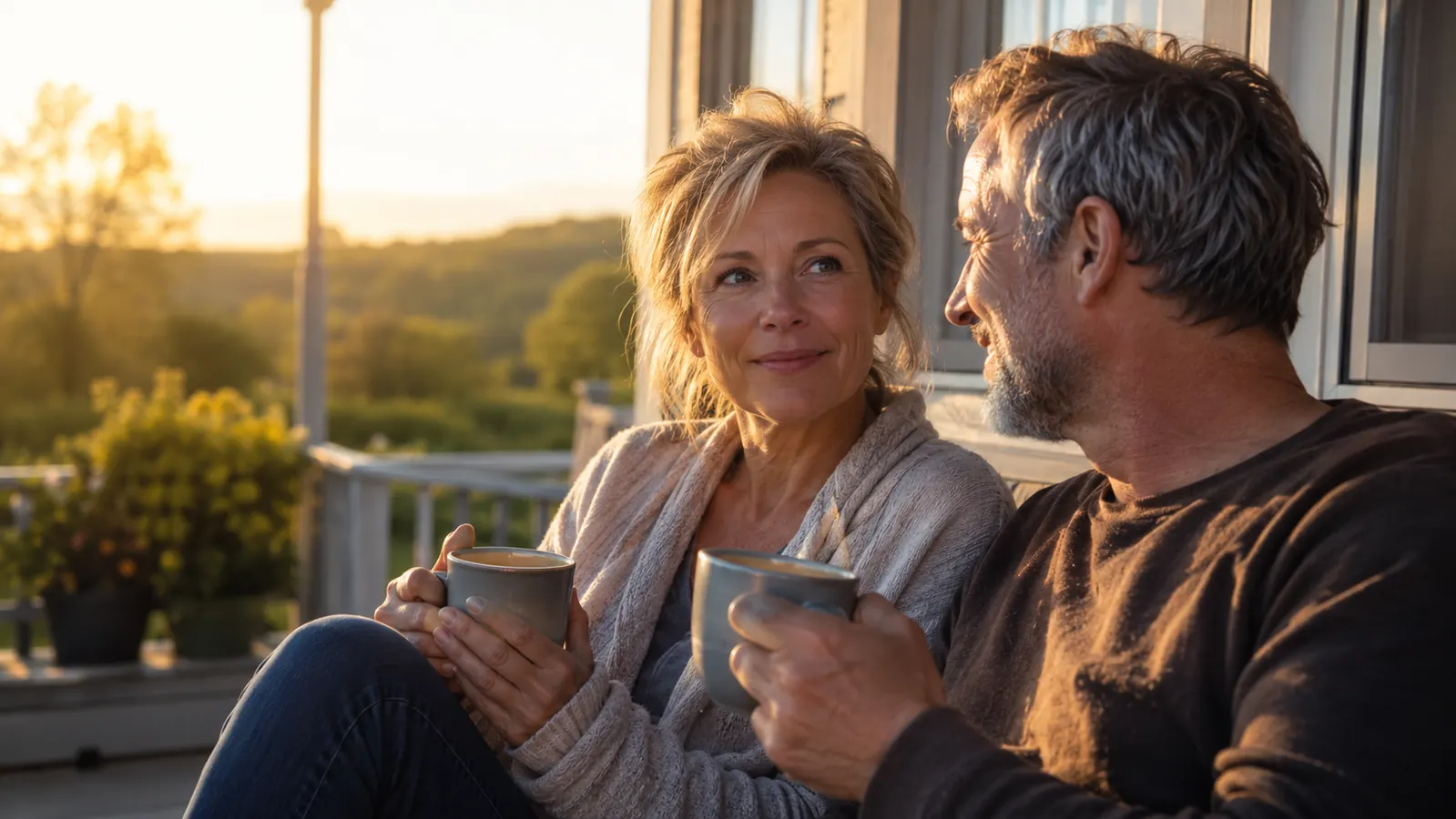 Woman and her husband sitting together on a porch in early morning light, mugs in hand