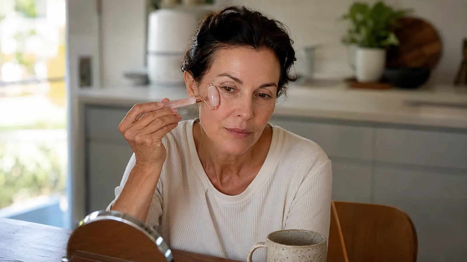 Woman rolling a cold rose quartz roller under her eyes at the kitchen table with a cup of coffee