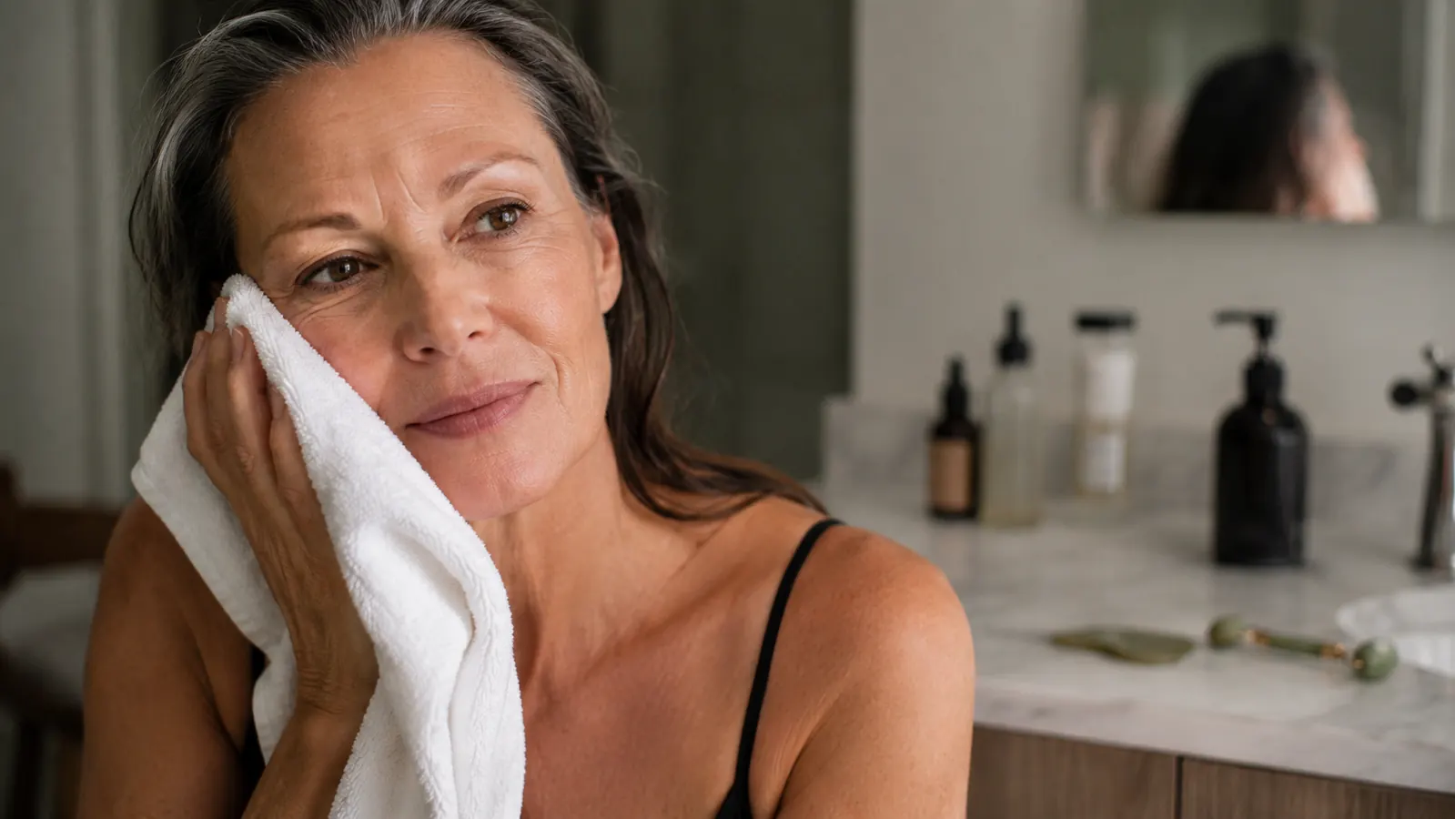 Woman drying her face with a towel after her morning skincare routine, roller and gua sha stone resting nearby
