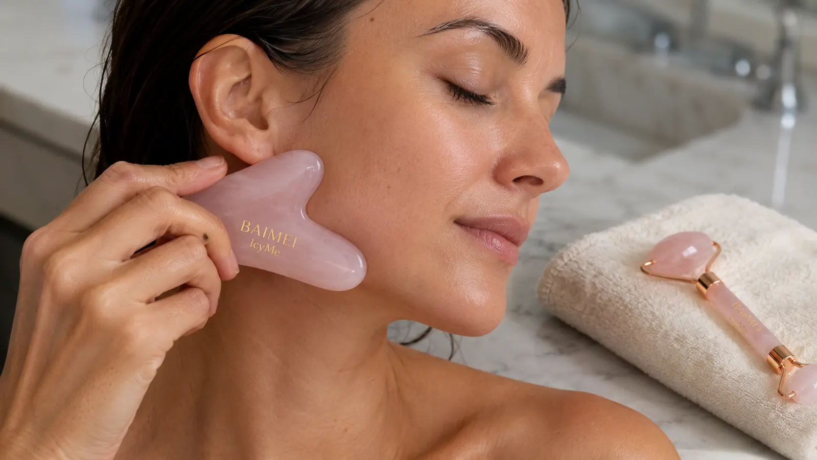 Close up of a hand using the BAIMEI gua sha stone along the jawline with the rose quartz roller resting nearby