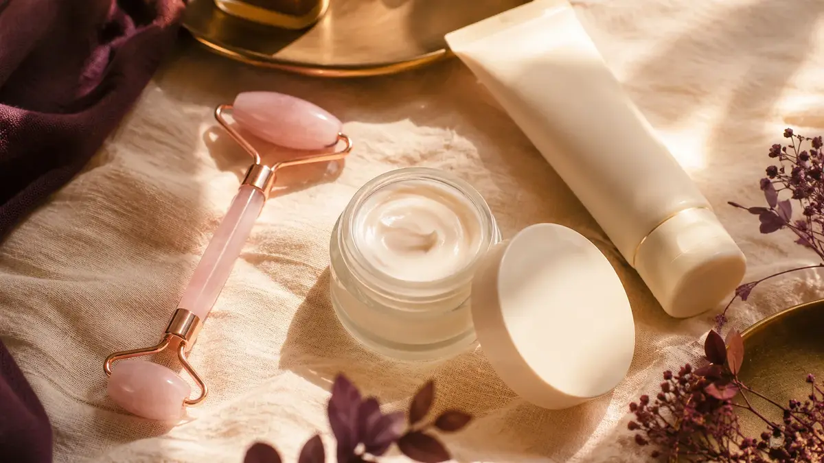 A bright bathroom counter with everyday skincare products arranged in warm morning light
