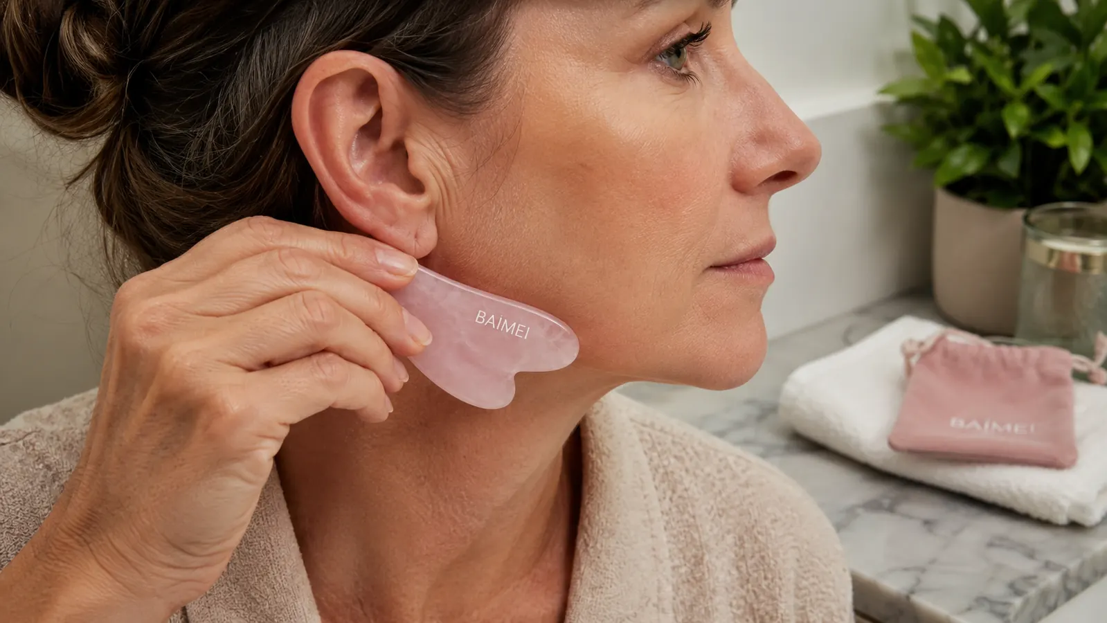 Close up of a hand using the BAIMEI rose quartz gua sha stone in a downward angled stroke along the jaw toward the ear