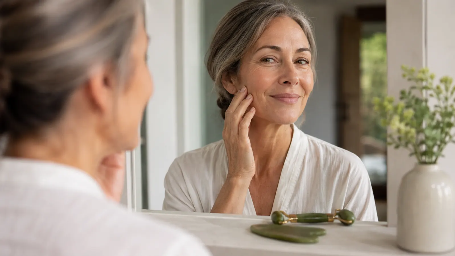 Woman smiling at her reflection after finishing her morning gua sha routine, roller and stone resting on the counter beside her