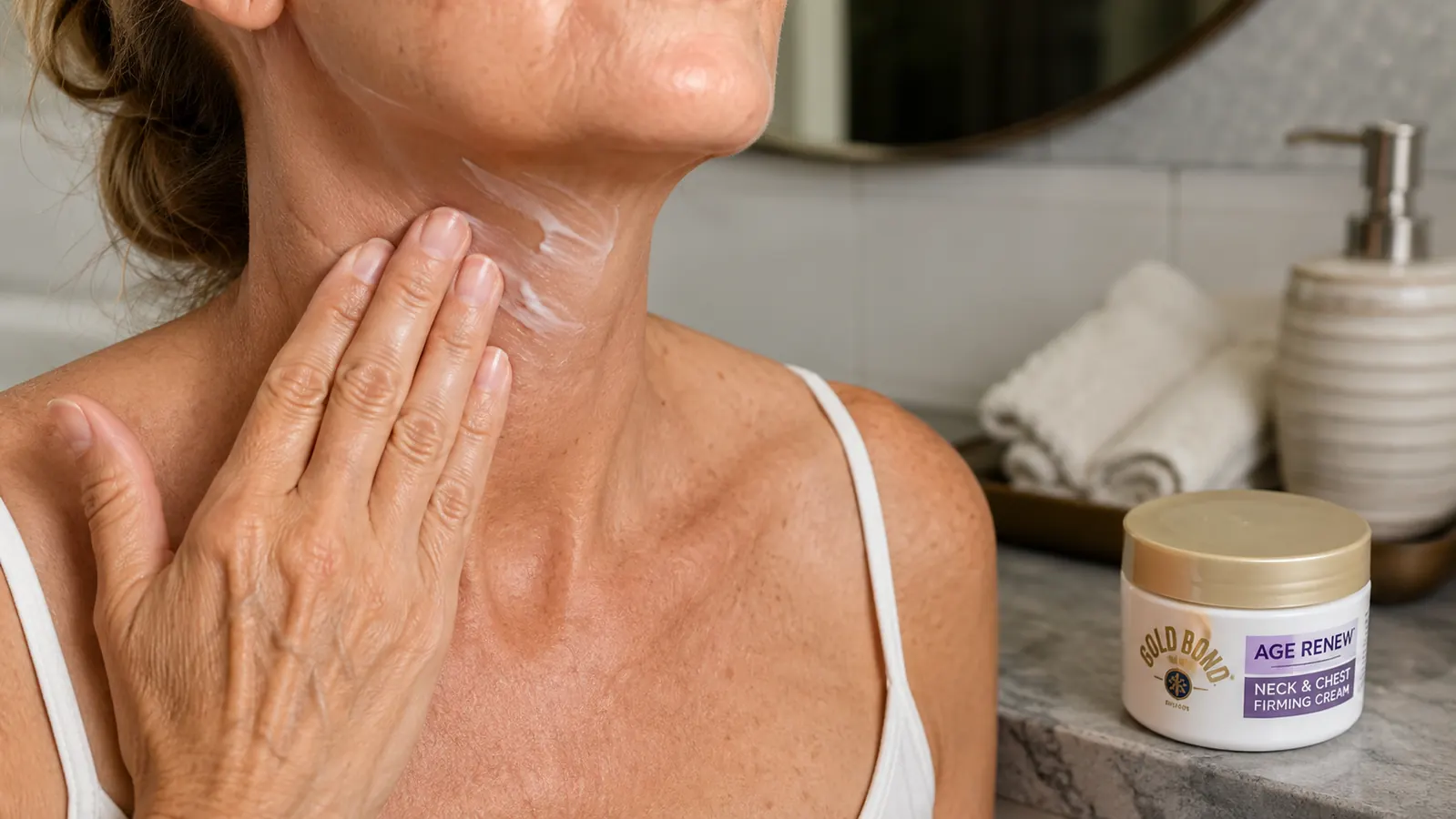 Close up of a hand smoothing Gold Bond Age Renew Neck & Chest Firming Cream in an upward stroke from the collarbone toward the jaw