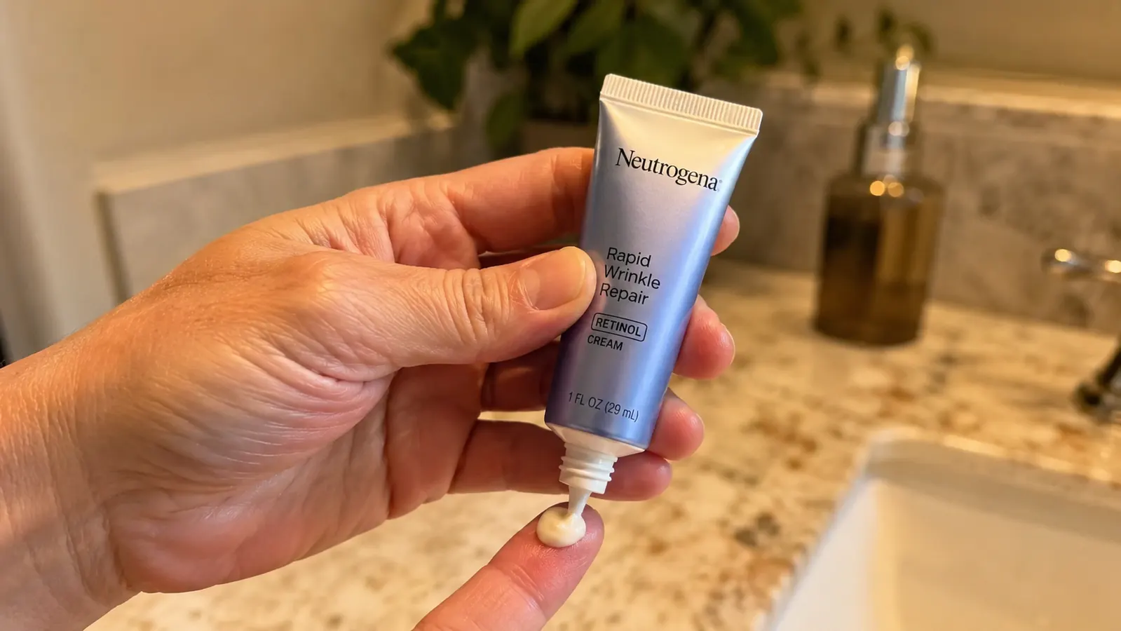 Close-up of a hand dispensing a pea sized amount of Neutrogena Rapid Wrinkle Repair retinol cream onto a fingertip