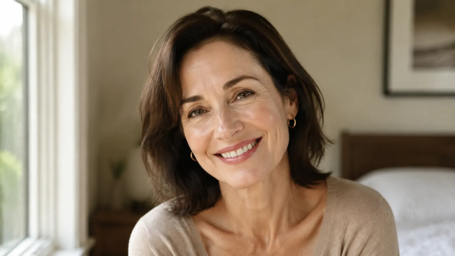 Woman in her early 50s smiling in soft natural morning light with smooth, calm skin