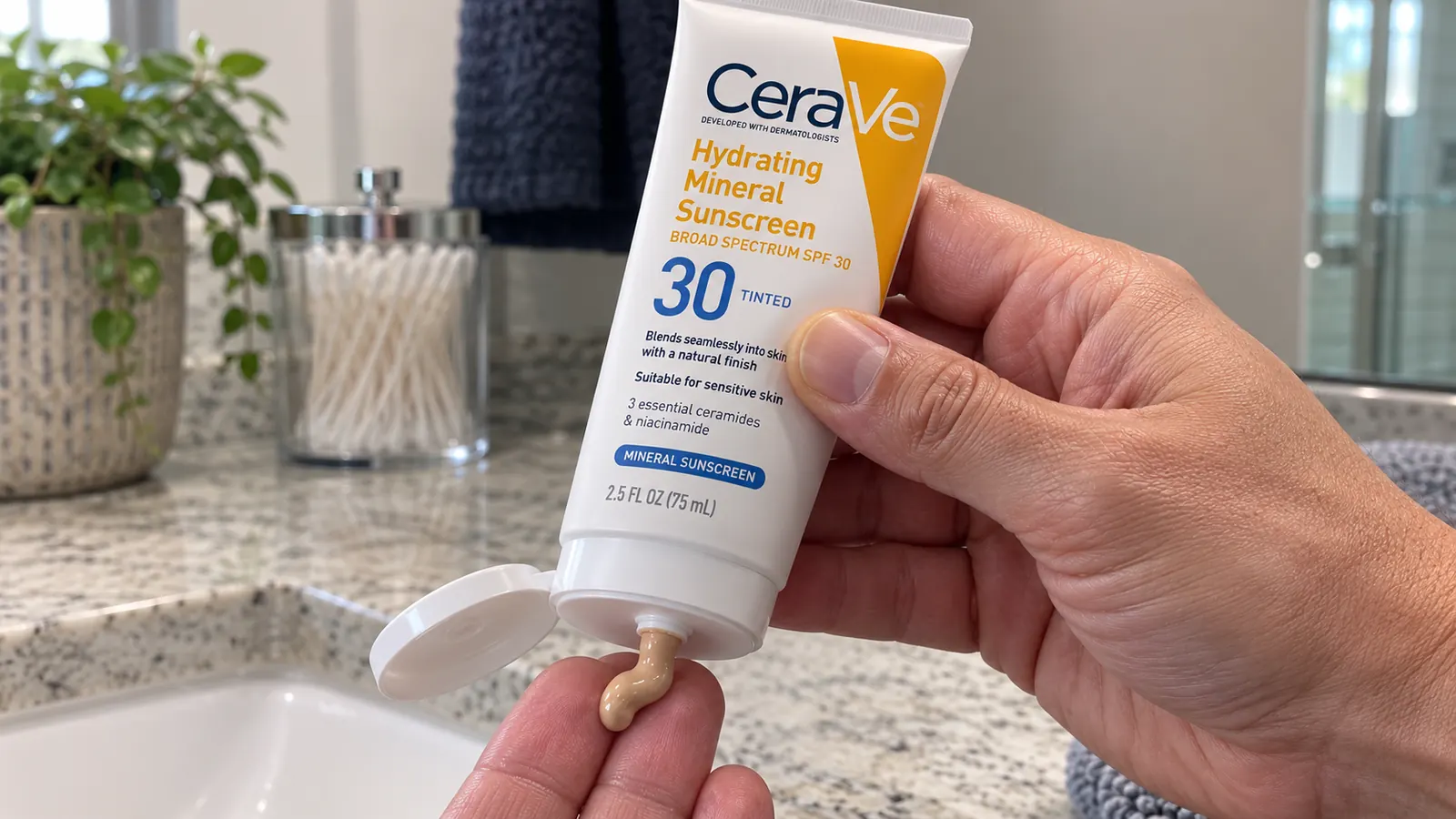 Close-up of a hand dispensing CeraVe Hydrating Mineral Sunscreen onto fingertips before applying to the face