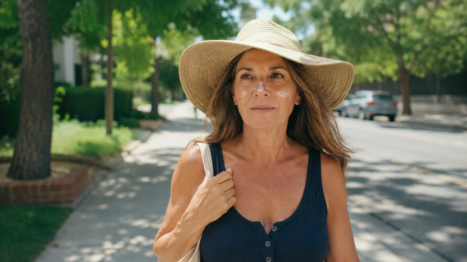 Woman in her 50s wearing a wide-brim sun hat and sunscreen, walking outside in daylight
