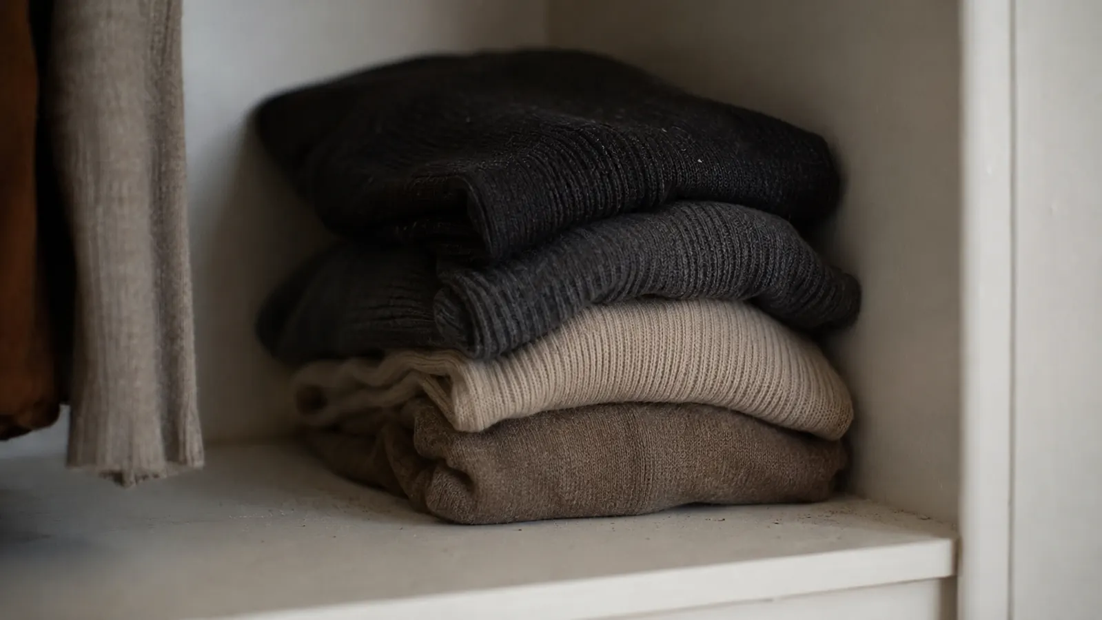 A pile of folded turtleneck sweaters pushed to the back of a closet shelf