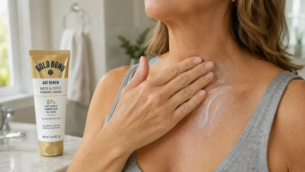 Close up of a hand smoothing Gold Bond Age Renew Neck & Chest Firming Cream onto neck skin, jar visible on counter