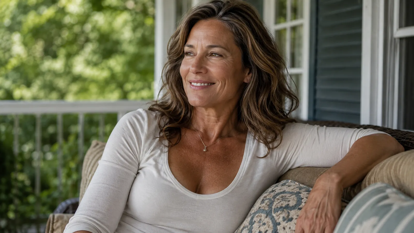 Woman confidently wearing a scoop neck top outside on a porch, no turtleneck or scarf covering her neck