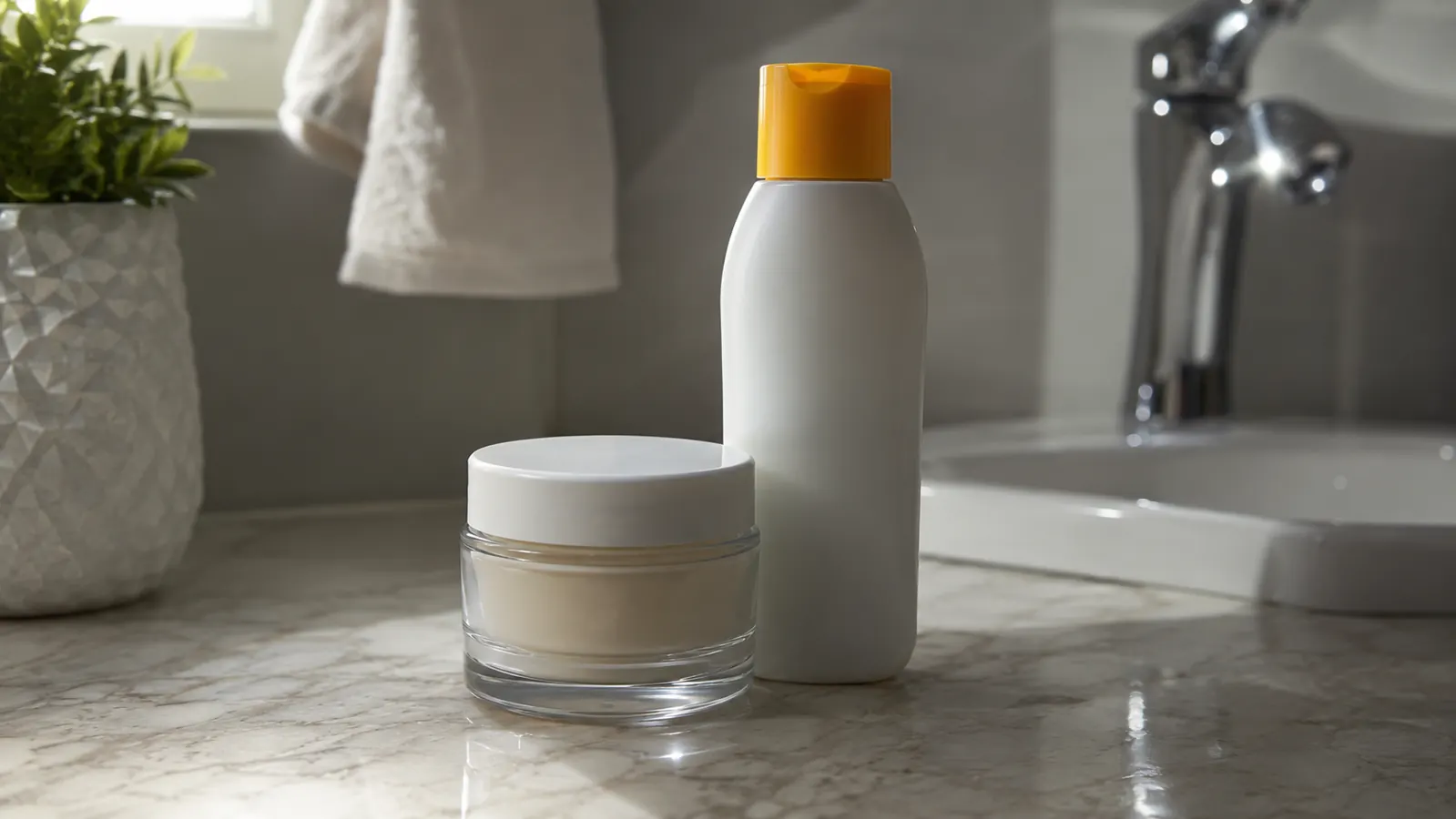 Retinol face cream jar sitting on a bathroom counter next to a bottle of sunscreen