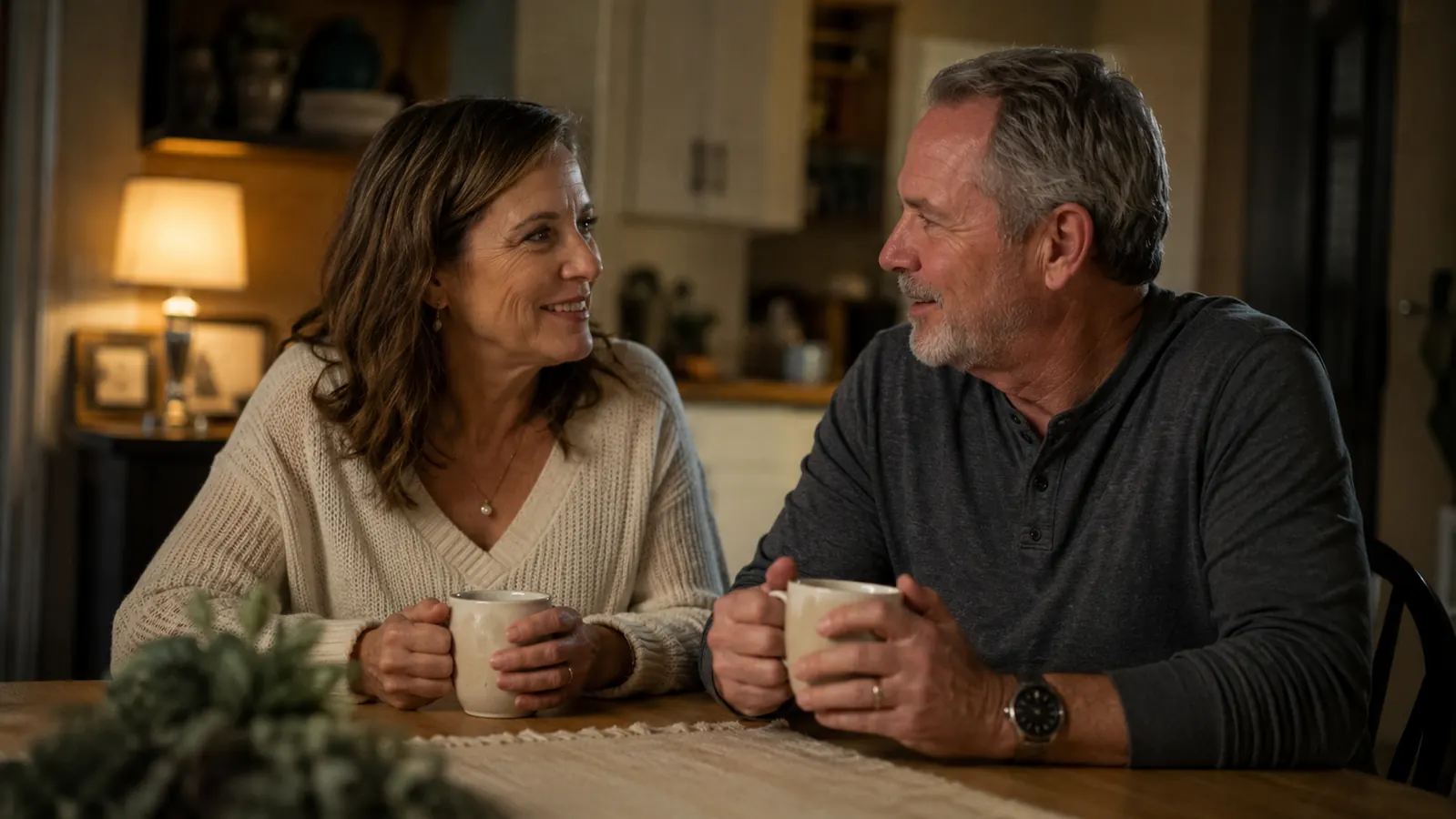 Woman and her husband sitting together at a kitchen table in the evening, coffee mugs in hand