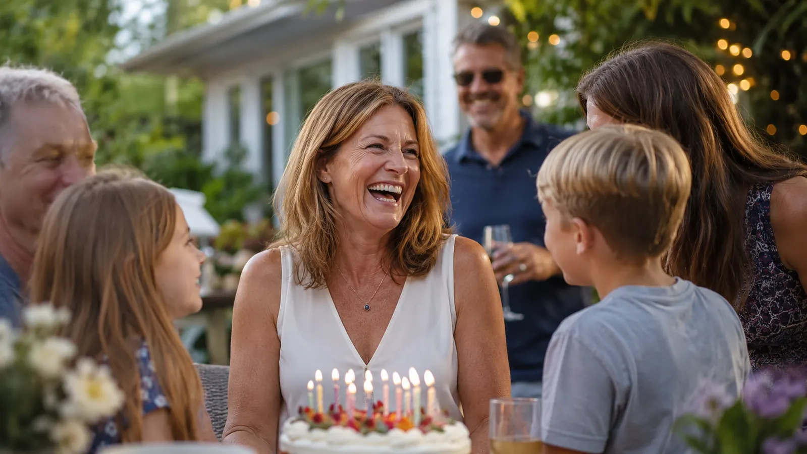 Woman in her early 50s laughing with family at an outdoor birthday gathering, clear healthy skin visible