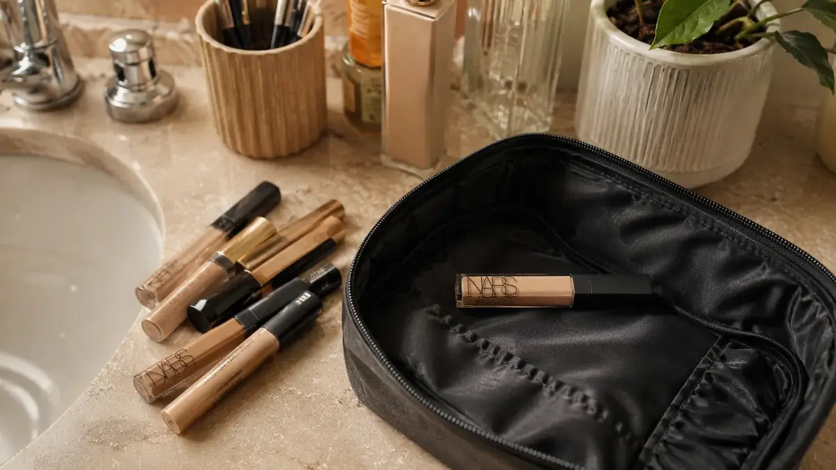 Open makeup bag on a bathroom counter with only one concealer left, other tubes pushed to the side unused