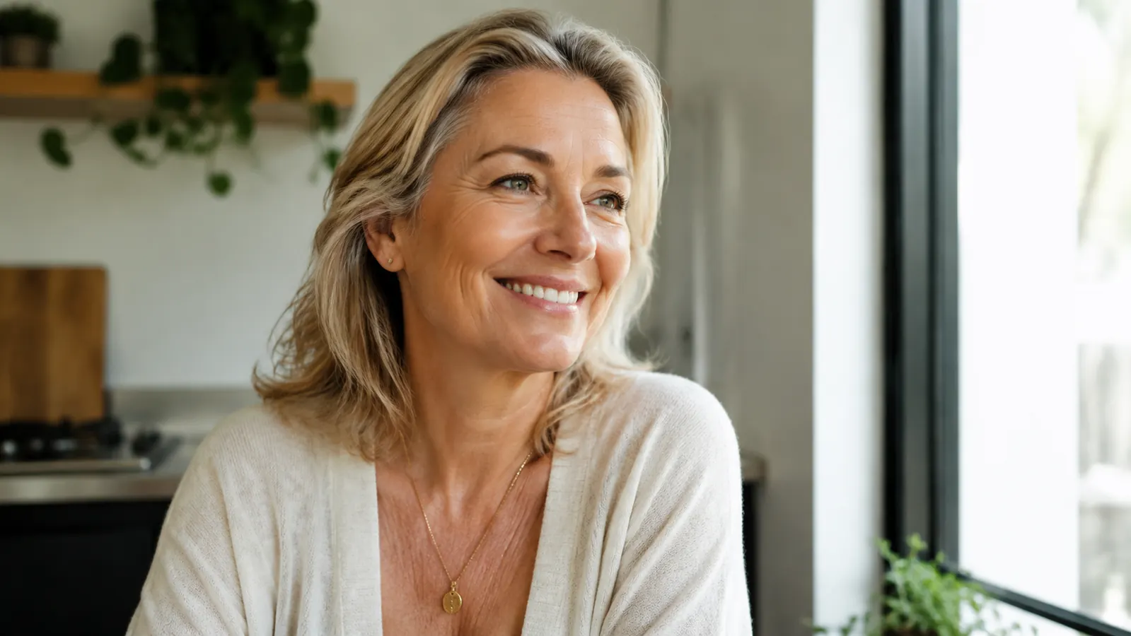 Woman in her mid 50s smiling without concealer under her eyes in bright natural window light at home