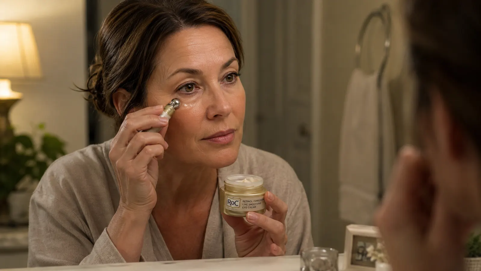 Hand using a metal rollerball applicator to dab eye cream under the eye near a bathroom mirror