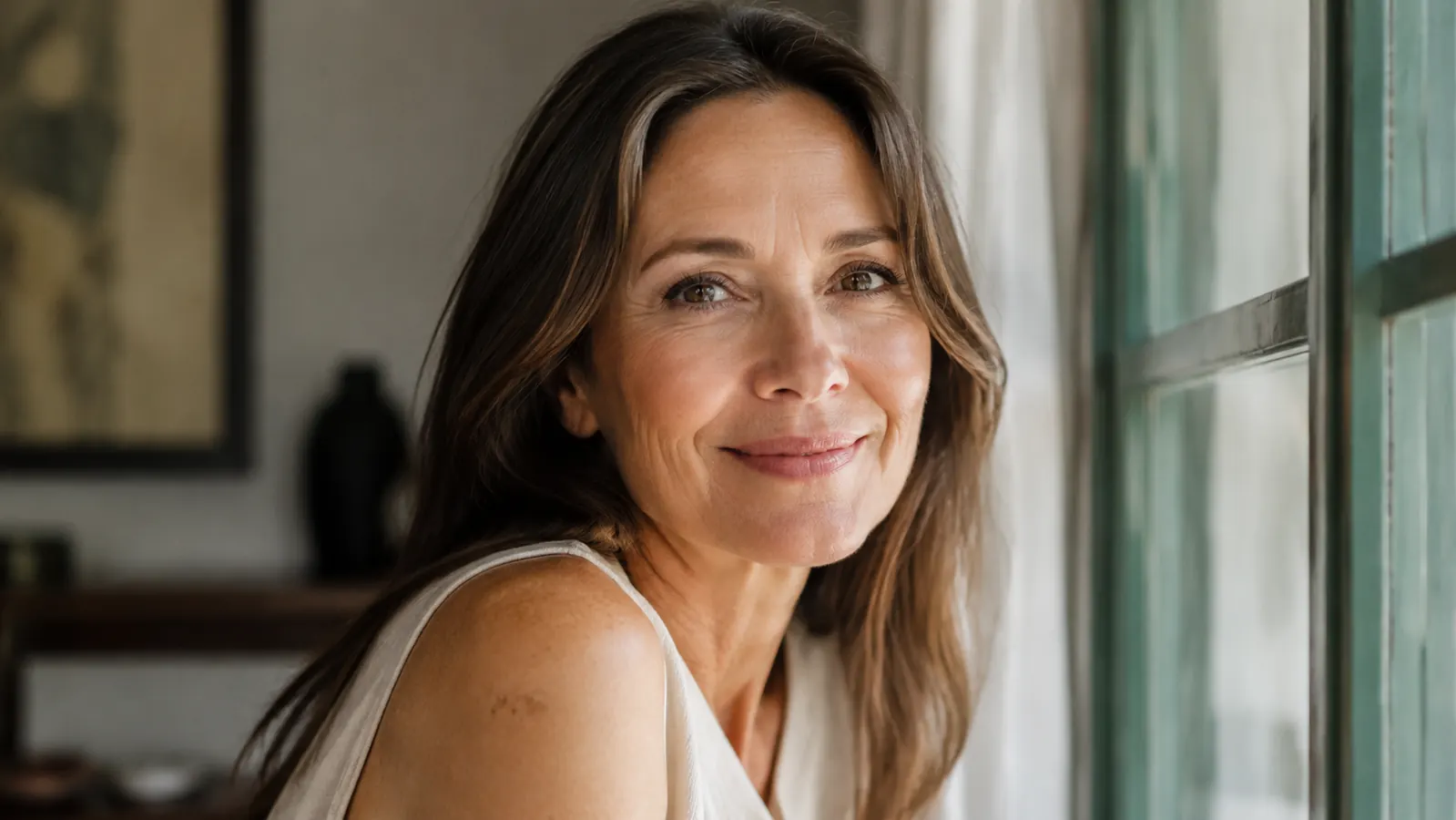 Woman in her 50s smiling in natural daylight with bright, rested looking under eyes